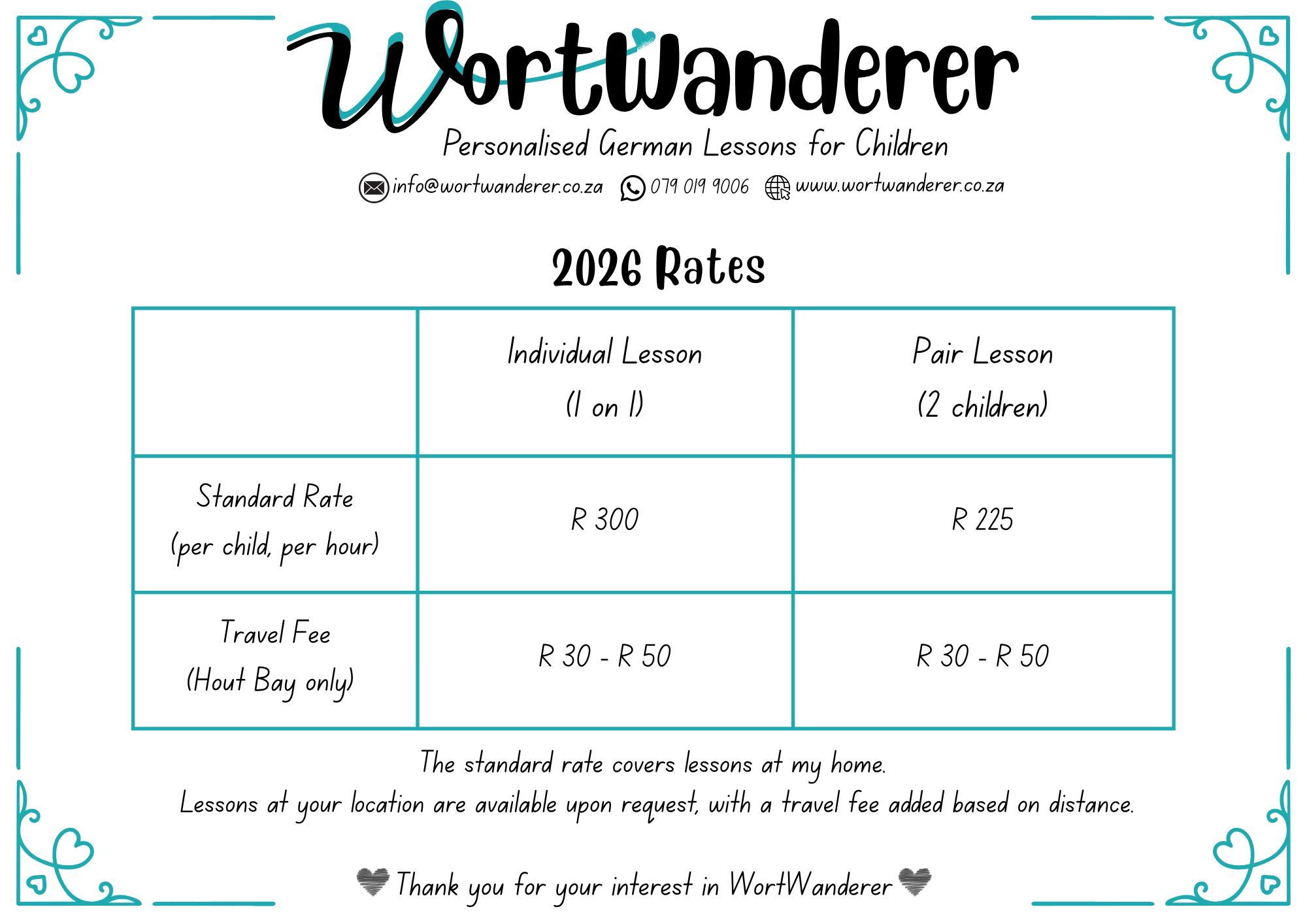 WortWanderer Rates